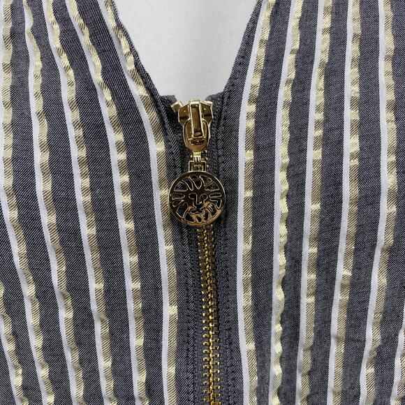 Anne Klein Gold Stripe Zip Front Blouse Women Short Sleeve Career Top - Picture 7 of 13
